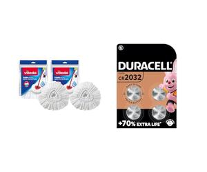 Vileda Turbo Spin Mop Refill, Pack of 2 Turbo Mop Head Replacements, Fits all Turbo Mops & DURACELL 2032 Lithium Coin Batteries 3V (4 Pack) - Up to 70% Extra Life - Baby Secure Technology