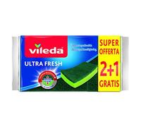 Vileda Ultra Fresh Abrasive Sponge, Absorbent, Scratch Resistant, Fibrous Part, Antibacterial Treatment, Size 2+1, Green