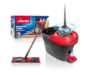 Vileda Ultramax Turbo 2-in-1 Floor Mop Complete Set, Mop with Telescopic Handle, Microfibre Cover and Bucket with Power Spinner, for All Hard Floors, Handle Length 75-130 cm, Eco Packaging