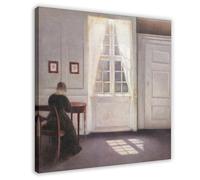 Vilhelm Hammershoi,A Room in The Artists Home in Strandgade, Copenhagen, with The Artist's Wife, Poster Canvas Artwork Prints Rustic Farmhouse Decorations for Living Room Bathroom Bedroom 28x28inch(70