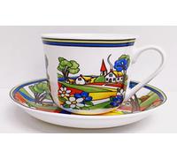 Village Art Deco Cup & Saucer Fine Bone China Jumbo Breakfast 15fl oz 425 ml Exclusive Countryside Scene Hand Decorated in UK