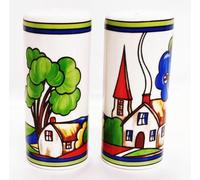 Village Art Deco Salt & Pepper Round Porcelain Exclusive Countryside Scene Design Ceramic Set Hand Decorated UK