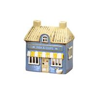 Village Fish & Chip Shop Tealight House, Glazed Ceramic, Blue, Hand Painted, W15cm x H16cm x D10cm, Candle Holder Ornament
