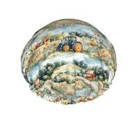 Village Flower Tractor Print Shower Caps for Women, Reusable Double Layers Elastic Band Long Hair Bath Caps for Shower
