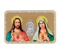 VILLAGE GIFT IMPORTERS Catholic Holy Card with Built-In Medal | Durable Laminated Devotional Religious Art | Made in Italy (Sacred Heart of Jesus and Mary)