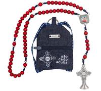 VILLAGE GIFT IMPORTERS Saint Carlo Acutis Rosary with Mini Backpack Keychain Pouch | Patron Saint of the Internet, Red, Medium