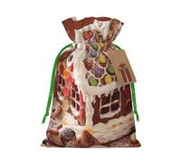 Village House Printed Christmas Drawstring Bags with Green Christmas Ribbon - Reusable Burlap Drawstring Gift Pouches, M