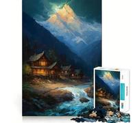 Village in The Mountains Adults 1000 Pieces Puzzle Mind Training Fun Burr Free Clean Cut Pieces Heartwarming Gathering Activity (38x52cm)