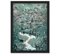 Village Near River Forest Landscape Blue Linocut Artwork Framed Wall Art Print A4 Artery8 Black One Size