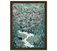 Village Near River Forest Landscape Blue Linocut Artwork Framed Wall Art Print A4 Artery8 Brown One Size