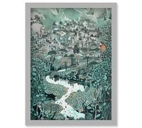 Village Near River Forest Landscape Blue Linocut Artwork Framed Wall Art Print A4 Artery8 Light Grey One Size