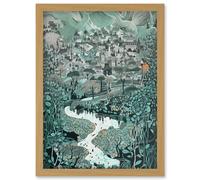 Village Near River Forest Landscape Blue Linocut Artwork Framed Wall Art Print A4 Artery8 Light Oak One Size