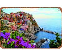 Village of Manarola, on the Cinque Terre Coast of Italy with Flowers Plaque Poster Metal Tin Sign 8" x 12" Vintage Retro Wall Decor