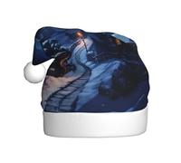 Village on a snowy day Christmas Hat, Santa Hats for Adults Velvet Comfort Hat for New Year Festive Party