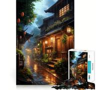 Village Rain Street Jigsaw 1000 Pieces for Teenagers Memory Train Fun Clean Seamless Connection Relaxing Indoor Group Activity (38x26cm)