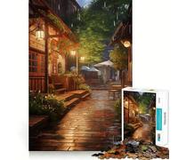 Village Rain Street Jigsaw Puzzles 1000 Mental Focus Game No Gap Tight Fitting Design Interactive Brain Challenge for Home (50x75cm)