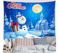 Village Snowman Tapestry, Christmas Eve Tapestry Wall Hanging for Bedroom Living Room Dorm Xmas Party Decor Bedspread Blue, 100Lx75W
