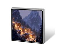 Village Snowy Mountain Warm Lights Badge Pin Brooch Square Shape Button Aluminum Decor for Backpacks Hats 0.7 Inch