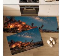 Village Under The Night Sky Kitchen Rug Sets, 2 Piece Kitchen Mats, Ancient Egyptian Architecture Non Slip Washable Runners Floor Mat For Cooking Area Laundry Room Hallway 45*75Cm+45*150Cm