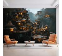 Village Wallpaper for Living Room, Fairy Tale Mushroom House Wall Mural for Bedroom 400x280 cm, Non-Woven Photo Wallpaper, Home Decor D&O64