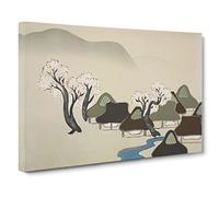 Village With Cherry Blossoms By Kamisaka Sekka Asian Painting Canvas Print | Gallery Wrapped 30mm Frame Wall Art | 20x14 inches | Ready to Hang | Asian Still Life Picture | Living Room Lounge Office
