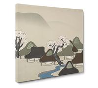 Village With Cherry Blossoms by Kamisaka Sekka Canvas Print | Gallery Wrapped 30mm Frame Wall Art | 14x14 inches | Ready to Hang | Classic Still Life Picture | Living Room Bedroom Lounge Office