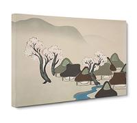 Village With Cherry Blossoms By Kamisaka Sekka Canvas Print | Gallery Wrapped 30mm Frame Wall Art | 30x20 inches | Ready to Hang | Contemporary Still Life Picture | Living Room Bedroom Lounge Office