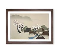 Village with Cherry Blossoms by Kamisaka Sekka Framed Print | A2 Walnut Framed Wall Art | Ready to Hang | Modern Floral Picture | Living Room Bedroom Lounge Office