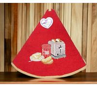 Villages de Provence Hand Towel Petit Déjeuner - Round with Clip - Red - Embroidered Patterns - 100% Cotton - Ø 65 cm in diameter - Kitchen or Bathroom - Machine Washable