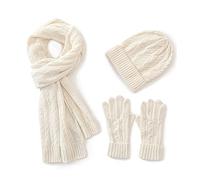 Villand 3 in 1 Womens Wool Hat Gloves & Scarf Winter Set, 3 Piece Cable Knitted Beanie Hat for Women with Gift Box (White)