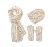 Villand 3 in 1 Womens Wool Hat Gloves & Scarf Winter Set, 3 Piece Cable Knitted Beanie Hat for Women with Gift Box (Beige)