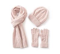 Villand 3 in 1 Womens Wool Hat Gloves & Scarf Winter Set, 3 Piece Cable Knitted Beanie Hat for Women with Gift Box (Rose)