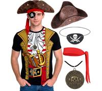 VillbeCoser 5Pcs Pirate Costume Men Captain Shirt Pirates Hat Skull Necklace Head Scarf Eye Patches(Black L)