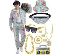 VillbeCoser 80s 90s Outfit for Men Tracksuit Costume, Hip Hop Hat Fanny Pack Ring Bracelet Gold Chain Rapper Sportswear