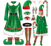 VillbeCoser Christmas Elf Costume for Women Xmas Green Velvet Dress Santas Helper Costume Cute Elves Accessories Outfit for Cosplay 10PCS（Red and Green Socks-M