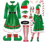 VillbeCoser Christmas Elf Costume for Women Xmas Green Velvet Dress Santas Helper Costume Cute Elves Accessories Outfit for Cosplay 10PCS（Red Socks-L