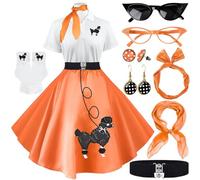 VillbeCoser Sock Hop Outfits Women, 1950s Poodle Dresses, Polo Shirt with 50s Accessories Socks Scarf Headband Belt 10Pcs, Orange, Medium