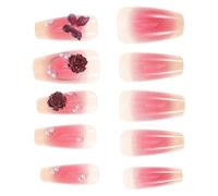 VILLCASE 24pcs Short Press on Nails Almond Shape with Butterfly, Camellia Flower and Pearl Charms, Pvc Material, Simple Application, Reusable False Nails for Home Use Manicure