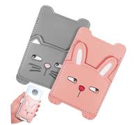 VILLCASE 2Pcs Cartoon Rabbit Cat Phone Adhesive Wallet Sleeve Double Pocket Design for Back of Phone Premium PU Card Holder for Id Credit Cards Stick Anywhere