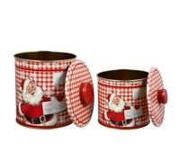 VILLCASE 2pcs Christmas Storage Boxes for Candy and Small Goodies, Red Tinplate Containers with Handle, Good Sealing and Odour-free, round Shape, for Household and Festive Xmas Packing