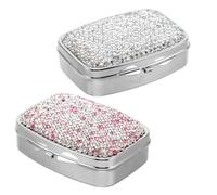 VILLCASE 2pcs Mini Bling Pill Box with 2 Compartments Portable Compact Metal Rhinestone Medicine Case for Travel and Daily Use Cute Small Pill Holder with Elegant Design