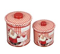 VILLCASE 2pcs Red Tinplate Christmas Storage Boxes with Handles, Portable round Candy Containers Protecting Small Goodies from Moisture, for Household Xmas Celebrations