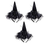 VILLCASE 3pcs Halloween Witch Hat Headbands with Sequins and Lace, Lightweight Comfortable Fabric Hair Decorations for Dress up Party and Costume Party, Black