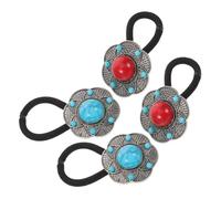 VILLCASE 4pcs Bohemian Floral Hair Ties Faux Turquoise Beads, Elastic No Damage Ponytail Holders for Women, Blue and Red Handmade Hair Bands for Bridal and Everyday Use