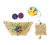 VILLCASE 5pcs Set Chicken for Hens and Pet Birds Hanging Chicken Ball Includes Bamboo Weaving Filled with Loofah Bird Cage Chewing and Feeder for Random Color