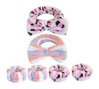 VILLCASE 6pcs Women's Plush Face Wash Headband and Wristband Set, Tie-Dye Leopard Print Pink Blue Red Striped Spa Makeup Hair Bands for Skincare and Face Washing