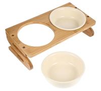 VILLCASE Ceramic Cat Bowl with Elevated Bamboo Stand Anti-slip Reusable Pet Feeding Dish Comfortable Spine Protection for Cats and Dogs Easy-clean Capacity Bowls