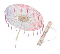 VILLCASE Chinese Silk Cloth Umbrella 82cm with Pink Cherry Blossom Tassels for Dance Performance and Photography Prop, Handmade Classic Oriental Parasol with Carry Bag for Festival Decor