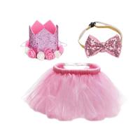 VILLCASE Pet Dog Birthday Party Accessories Kit Including Pink Mesh Skirt, Bowtie Collar and Birthday Hat for Dressing up Pets at Photo Events and Celebrations