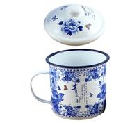 VILLCASE Vintage Enamel Coffee Mug Thickened Blue and White Porcelain Style Reusable Camping Cup with Comfortable Anti-Scald Handle for Office and Home Use